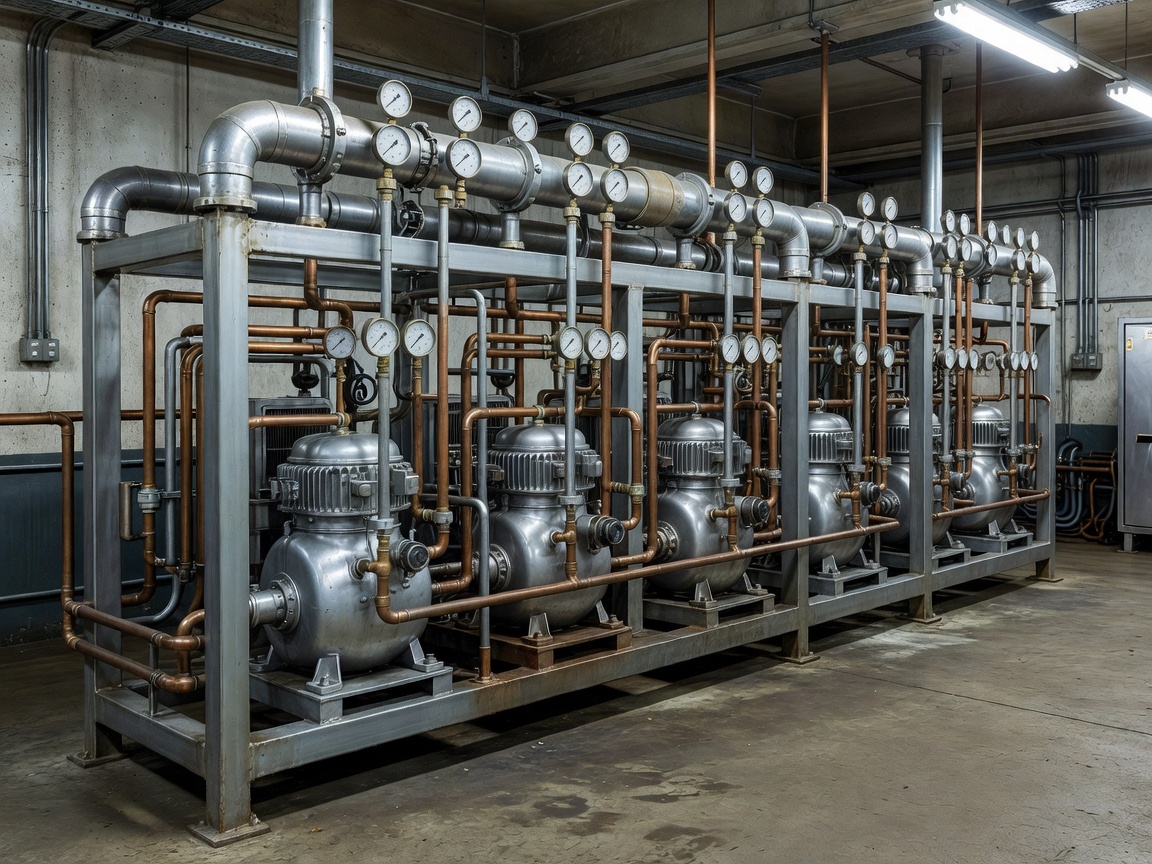 Central supermarket refrigeration plant room showing multi-compressor rack and suction header gauges