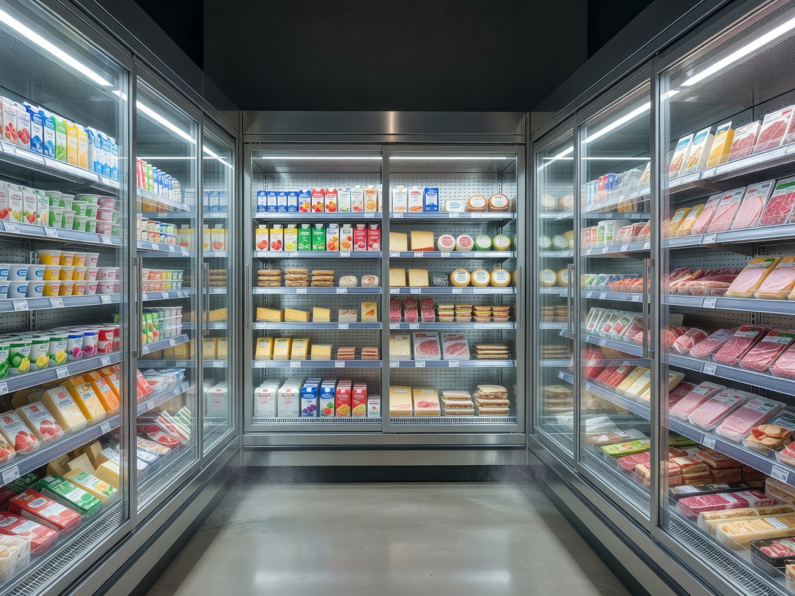 Chilled supermarket dairy and deli display cases with glass doors and clean airflow shelves