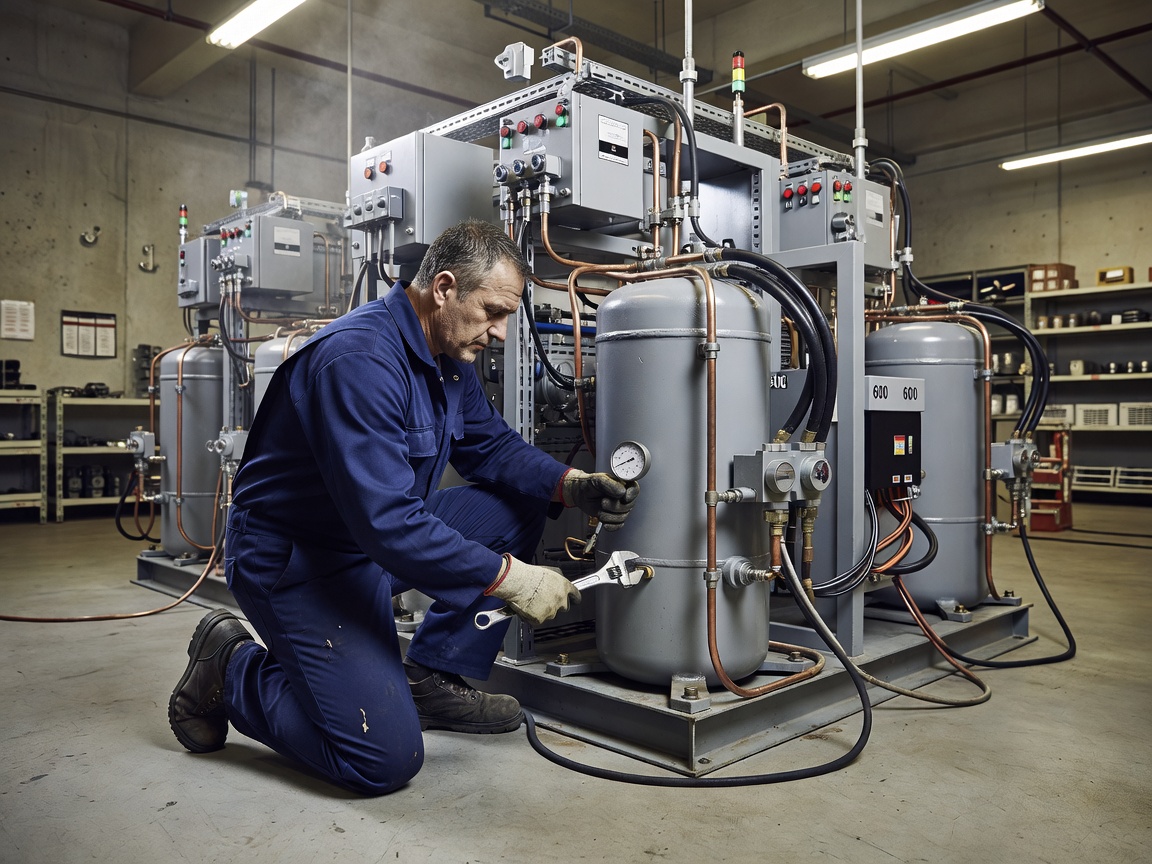 Commercial refrigeration maintenance technician servicing central supermarket compressor equipment