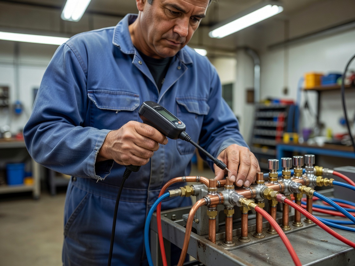 Engineer using an electronic refrigerant leak detector along braze joints on a commercial manifold