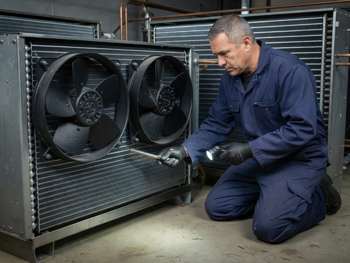 Refrigeration service specialist examining commercial evaporator fans and fin spacing