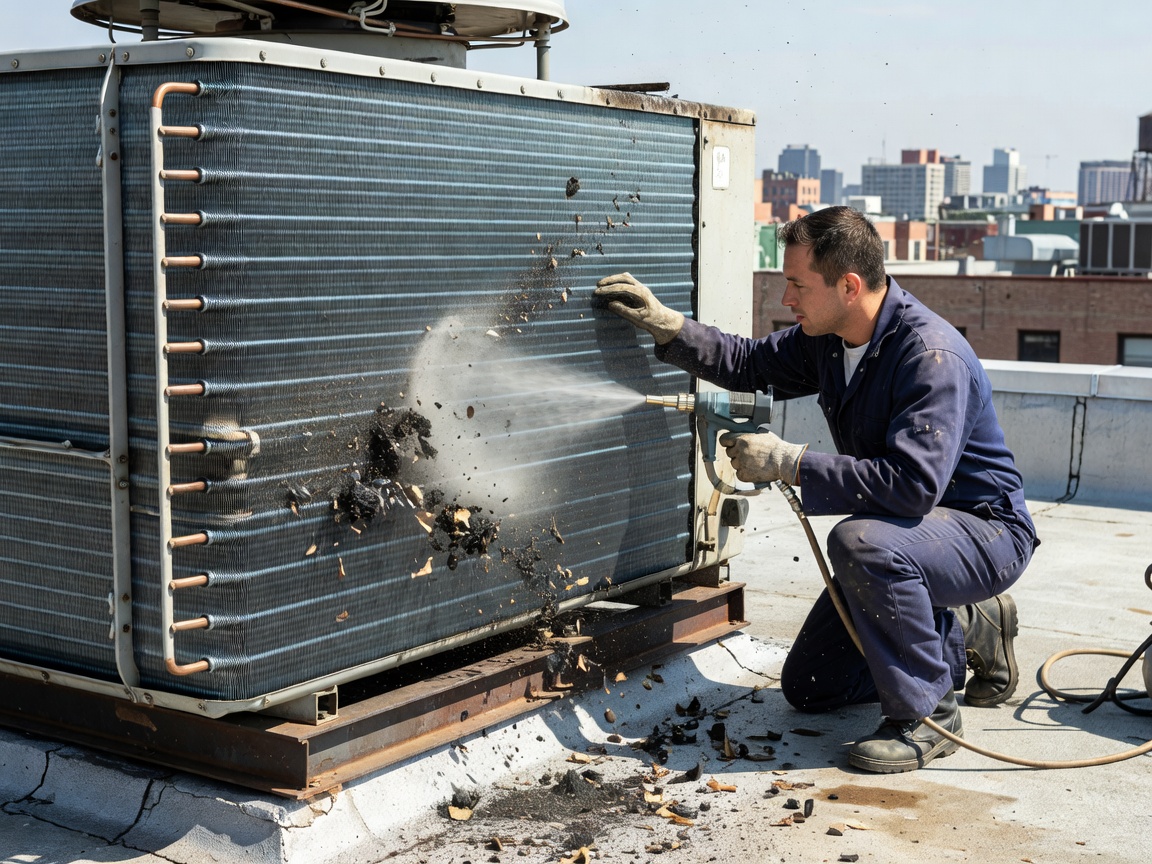 Rooftop air-cooled refrigeration condenser coils undergoing low-pressure fin cleaning
