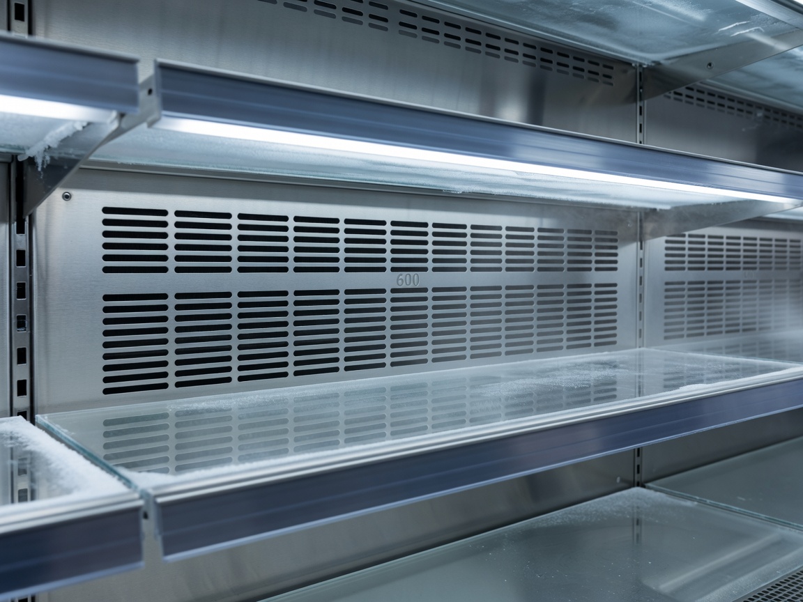 Supermarket multi-deck cold display case showing evaporator airflow return grilles