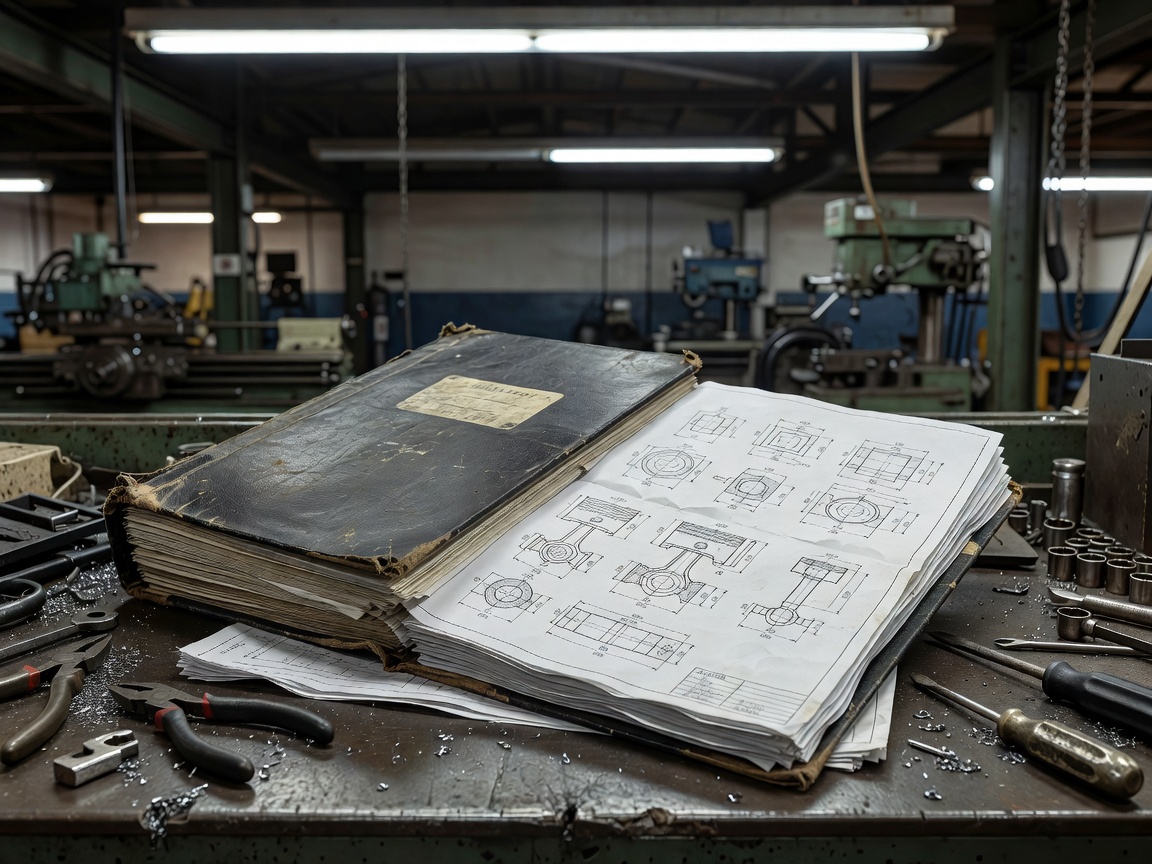 Technical maintenance binder and engineering schematics on an industrial workshop bench