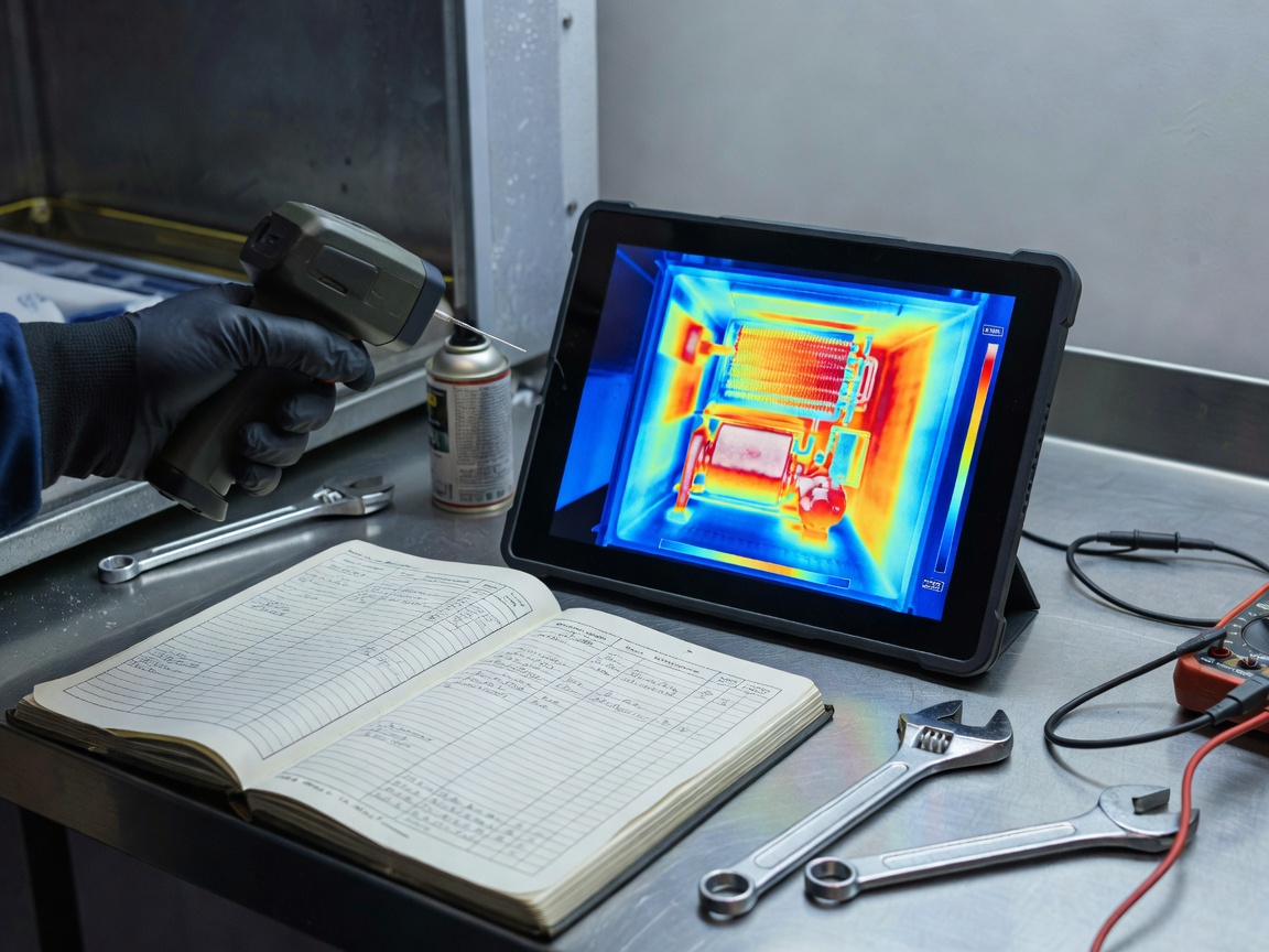 Technical maintenance log and thermal sensor reading during a refrigeration audit